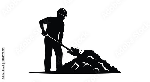 A black silhouette depicts a construction worker digging with a shovel creating a pile of debris a striking silhouette