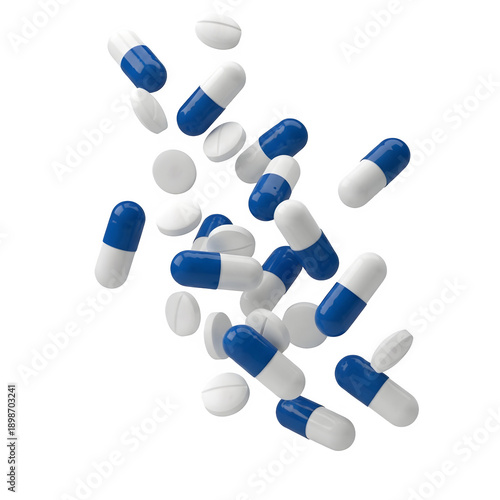 blue and white pills falling isolated on transparent or white background. PNG
