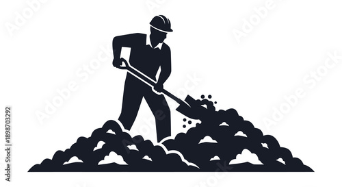 A stark black silhouette depicts a construction worker digging with a shovel creating a pile of debris beneath him silhouette