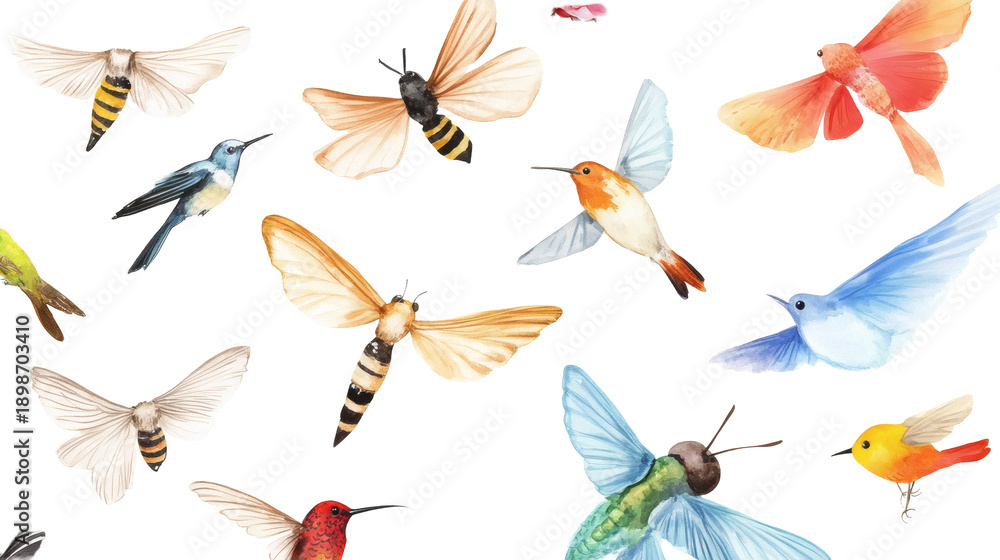 Fototapeta premium Watercolor illustration of colorful hummingbirds, bees, moths and butterflies on transparent background, scattered pattern.