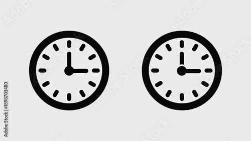Two analog clocks showing different times with black and white color scheme isolated on white background, Vector, illustration