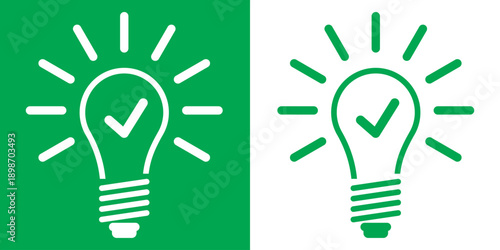 Set of light bulb with check mark vector icon in a clean, modern linear style. Symbol of smart solutions, verified ideas, efficiency, and quick tips, shown in green and white for innovation and trust.