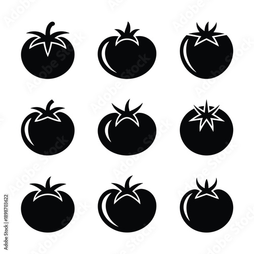 Nine black and white tomatoes with different stem designs arranged in a grid pattern isolated on white background, Vector, illustration
