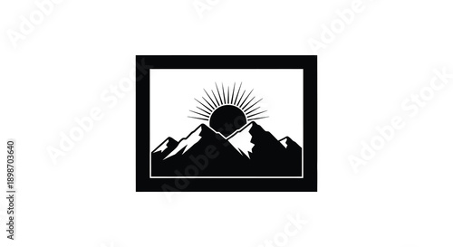 A striking black and white illustration depicts a sun rising over mountainous terrain within a framed composition silhouette high quality professional detailed