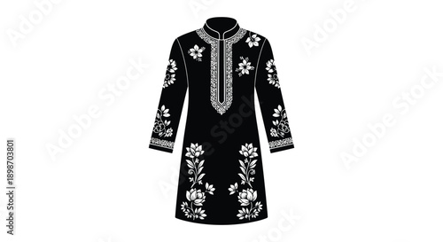 An isolated detailed black kurta with intricate floral embroidery is displayed against a white background a striking silhouette high quality