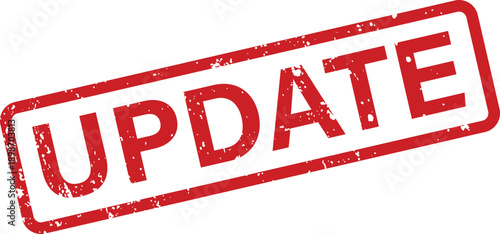 A striking red update grunge rubber stamp positioned diagonally on a plain white surface