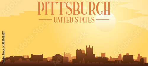 Golden yellow panoramic poster of the city skyline with misty background buildings and clouds of PITTSBURGH, UNITED STATES