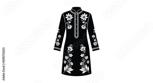 An intricately patterned long black kurta with floral embroidery is displayed against a stark white background creating a silhouette
