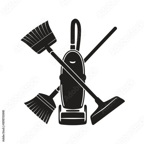 A black and white illustration of a vacuum cleaner with cleaning tools. isolated on white background, Vector, illustration