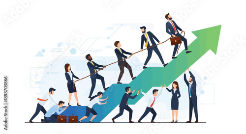 Diverse team collaborates to pull success upwards on a growing arrow graph.
