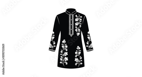 A striking black kurta with ornate floral embroidery details is artistically presented as a flat lay silhouette high quality professional