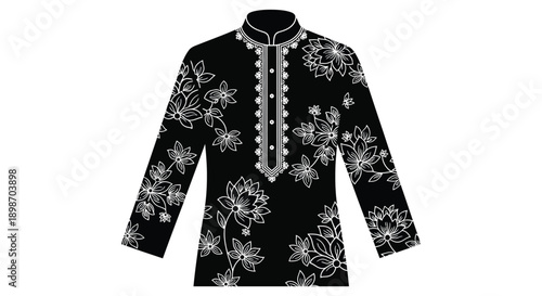 An intricately patterned black kurta with floral embroidery and detailed neckline is presented as a stark silhouette high quality professional
