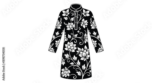A striking black garment adorned with a delicate floral pattern is presented against a clean white background silhouette high quality