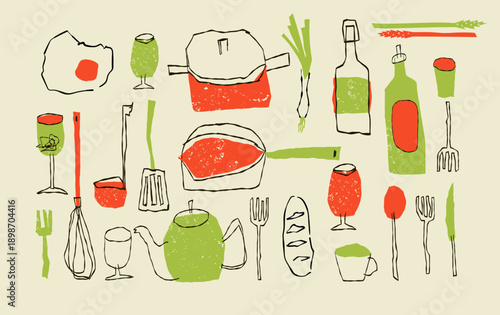 Retro Kitchenware and Cooking Tools Set: Textured Hand-Drawn Utensils for Culinary Blogs, Recipes and Restaurant Branding