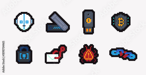 Cyber Security and Crypto Safety Pixel Art Icons, 8-Bit Blockchain Protection and Hacking Symbols Set