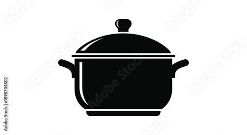 A stark black silhouette of a cooking pot with a lid and handles showcasing a simple kitchen utensil silhouette