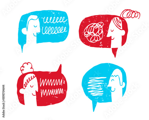People Chatting with Speech Bubbles, Abstract Communication and Mental Health Doodle Set