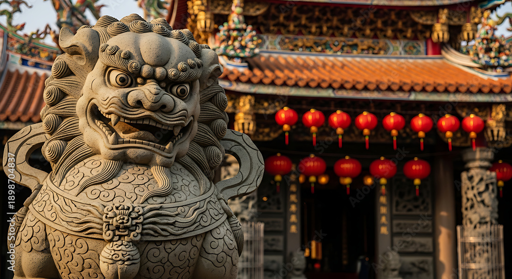 Fototapeta premium Ornate stone lion statue in front of a traditional temple with red lanterns hanging from the eaves, viewed from a low angle