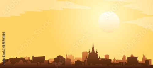 Golden yellow panoramic poster of the city skyline with misty background buildings and clouds of MOSCOW, RUSSIA