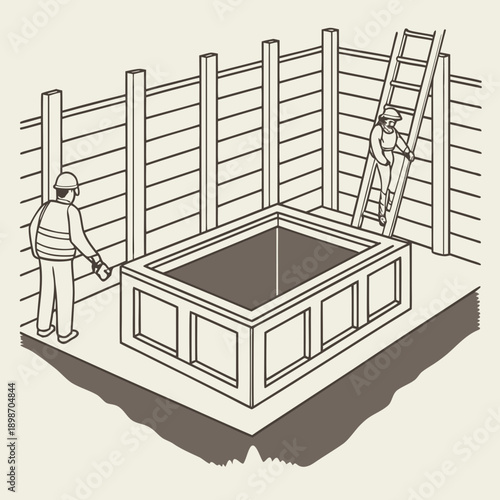 Construction pit with retaining walls, minimal flat vector