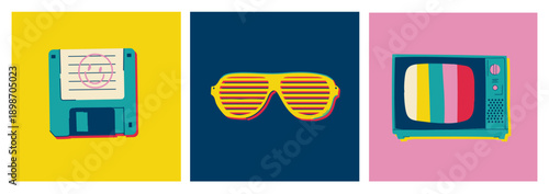 Retro 90s Technology Set with Floppy Disk Shutter Shades and Vintage TV