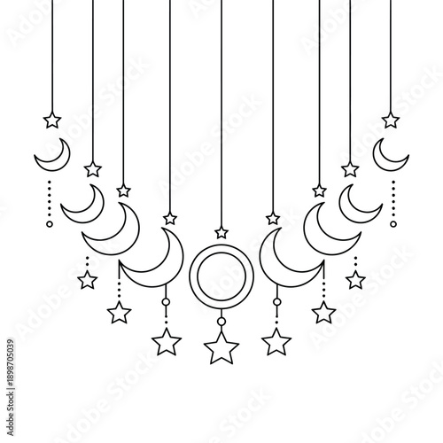 Elegant celestial mobile with crescent moons and stars suspended in a dreamy design isolated on white background, Vector, illustration