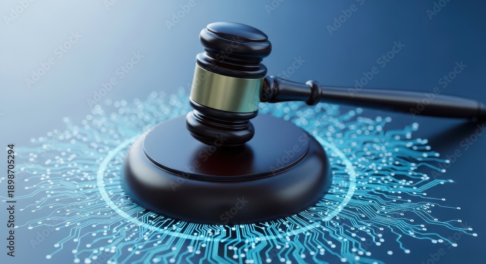 Obraz premium A gavel resting on a digital network, symbolizing legal decisions in the digital age.