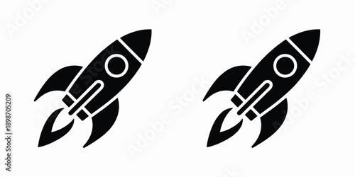 Two stylized rockets facing opposite directions in black and white design isolated on white background, Vector, illustration