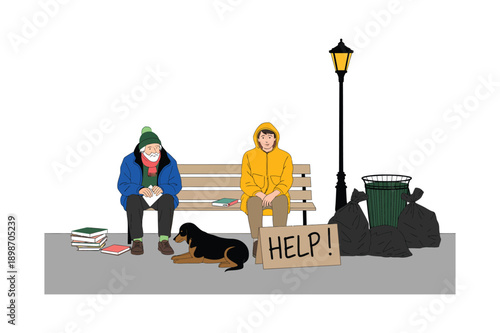 Homeless man and woman sitting on bench with dog and help sign on city sidewalk