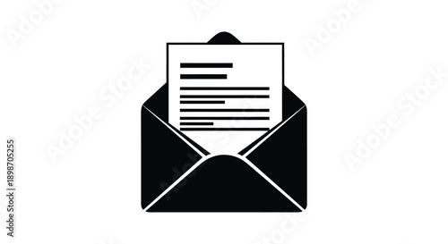 A stark black silhouette of an open envelope containing lined paper suggests correspondence or a message delivered silhouette high quality