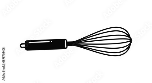 A simple black graphic depicts a kitchen whisk lying horizontally against a stark white background a bold silhouette high quality