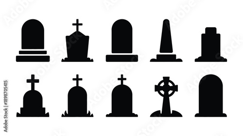 Assorted black silhouettes of graveyard monuments and crosses isolated on white background, Vector, illustration