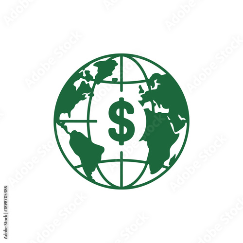 Global economy symbol with a dollar sign in the center of a green world map isolated on white background, Vector, illustration