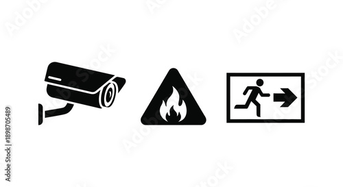 A stark depiction of security warning and emergency exit signage presented in a minimalist black and white silhouette high quality professional detailed