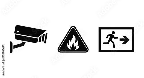 A collection of three black icons depicting a security camera a warning sign and an emergency exit silhouette high quality