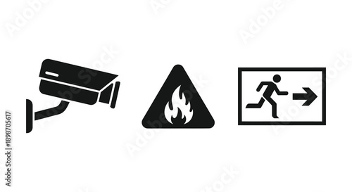 A series of black warning signs depicting surveillance flammability and emergency exit presented as a silhouette high quality professional detailed