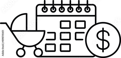 Baby expenses planning icon illustration showing stroller calendar and dollar symbol representing childcare budgeting parenting costs financial management savings concept
