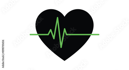 A striking image displaying a black heart shape with a green electrocardiogram line representing life and health silhouette high quality