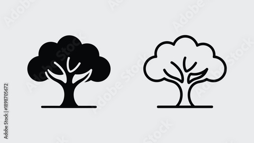Two distinct trees, one solid and the other outlined, symbolizing nature and simplicity. isolated on white background, Vector, illustration