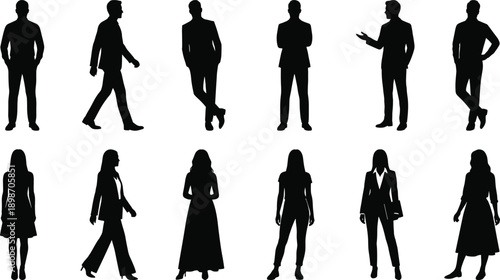 Business people silhouette collection showing male and female professional poses walking standing talking teamwork leadership corporate style isolated vector design