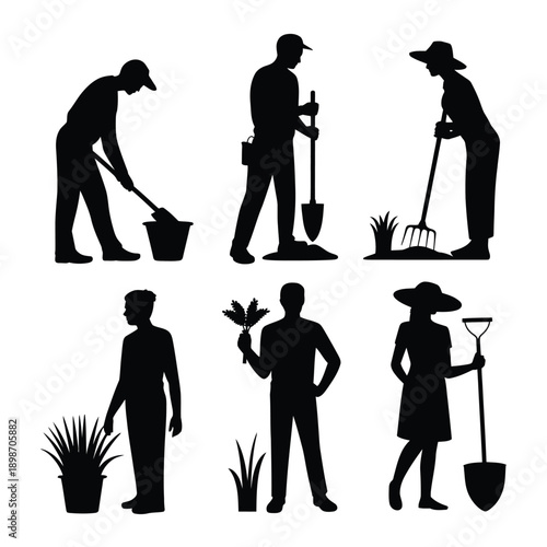 Silhouettes of gardeners engaged in various gardening activities isolated on white background, Vector, illustration