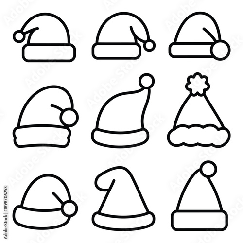 Variety of whimsical winter hats and headwear in simple line art designs isolated on white background, Vector, illustration