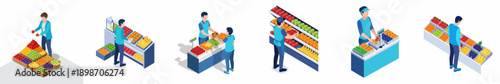 Isometric Supermarket Fruit and Vegetable Purchase Selection Scene Flat Design