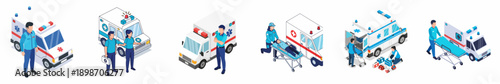 Isometric Healthcare Ambulance and Paramedics First Aid Emergency Vehicle Service Illustration