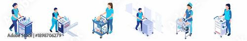 Isometric Hospital Scene Showing Medical Staff Pushing Carts Illustration