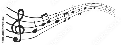 Musical notes with treble clef on flowing staff, classic music notation vector illustration on transparent background