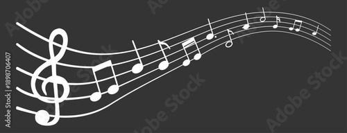 Musical notes and treble clef on flowing staff, classic music notation vector illustration