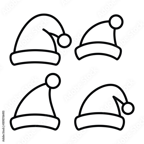 Four stylized illustrations of traditional holiday knit caps with pom-poms on top isolated on white background, Vector, illustration