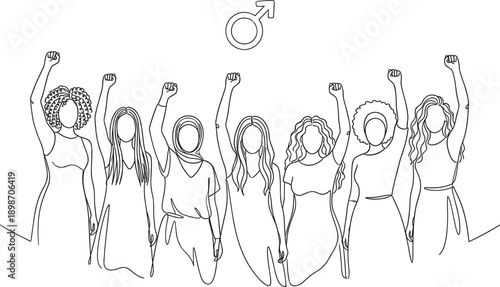 Continuous line illustration of diverse women raising fists for gender equality, feminism, empowerment, solidarity, sisterhood, protest, inclusion, human rights concept art vector