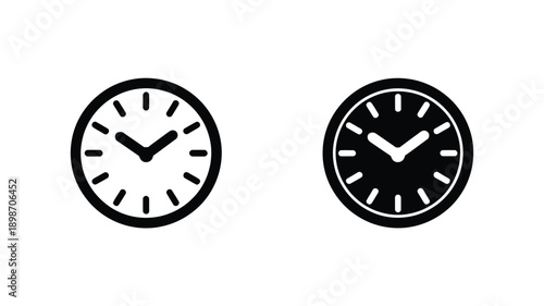 Two black and white clocks displaying different times side by side. isolated on white background, Vector, illustration